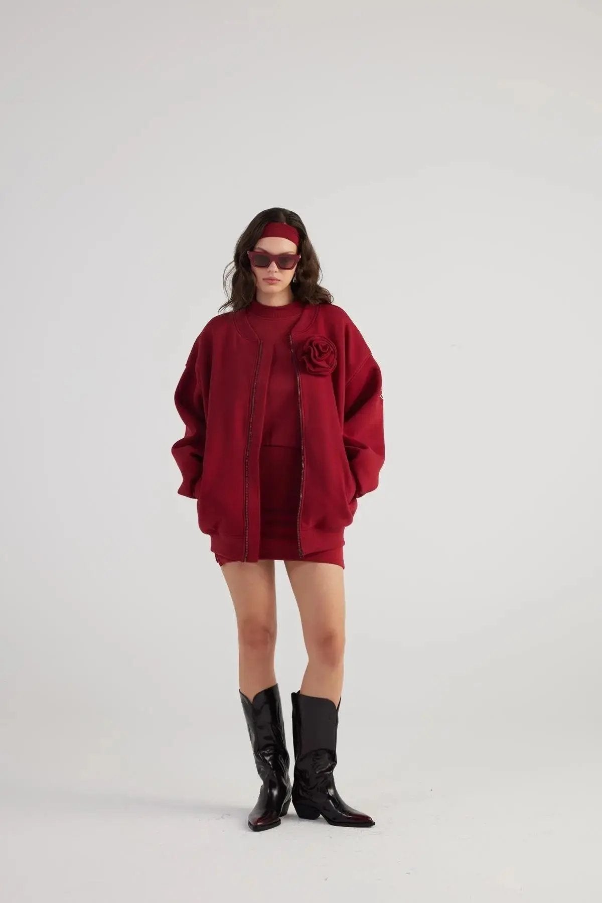 Alexa Burgundy Oversize Bomber Jacket with Removable Rose Accessory Buy Me Fur Ltd