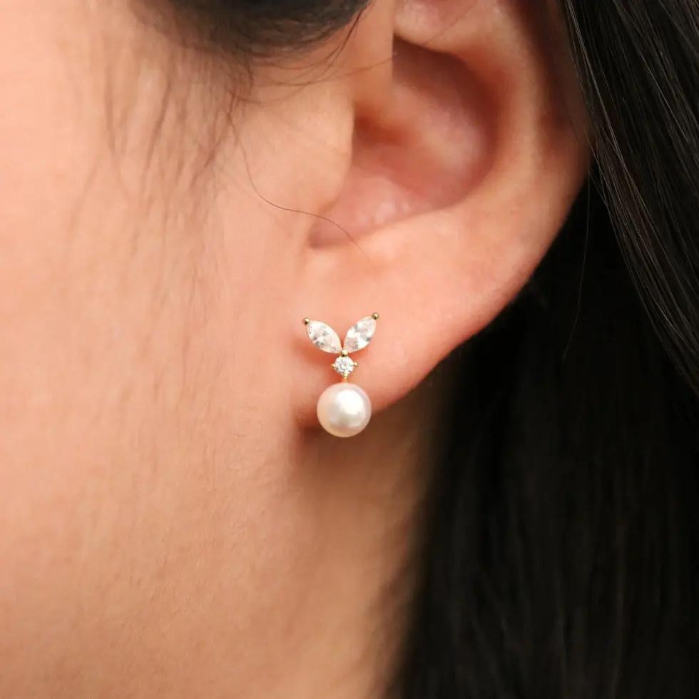 Cubic Leaf Pearl Drop Earrings Nabi London