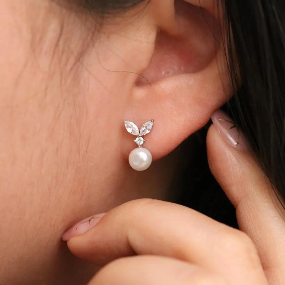 Cubic Leaf Pearl Drop Earrings Nabi London