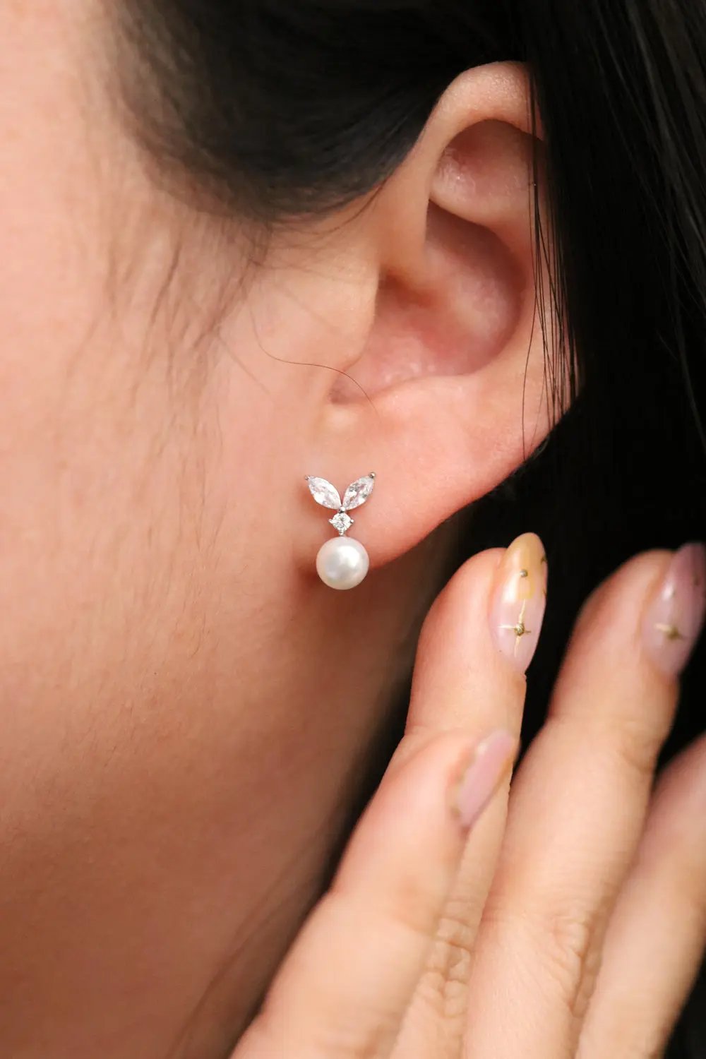 Cubic Leaf Pearl Drop Earrings Nabi London