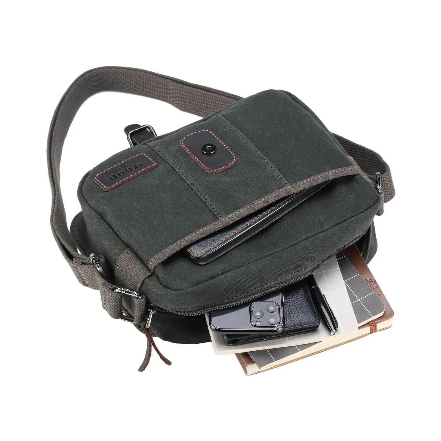 TRP0440 Troop London Heritage Canvas Leather Across body Bag, Small Travel Bag Troop London