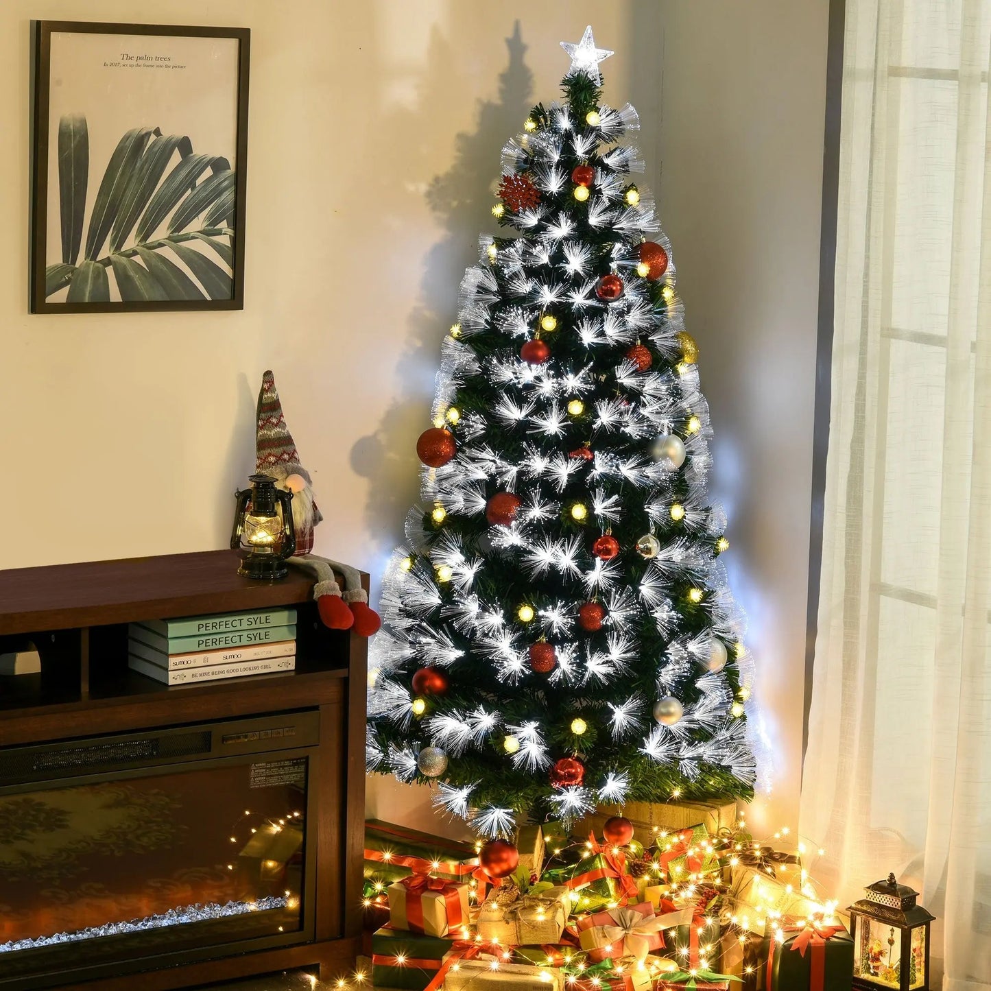 HOMCM 6ft White Light Artificial Christmas Tree w/ 230 LEDs Star Topper Tri-Base Full Bodied Seasonal Decoration Pre-Lit Home AOSOM