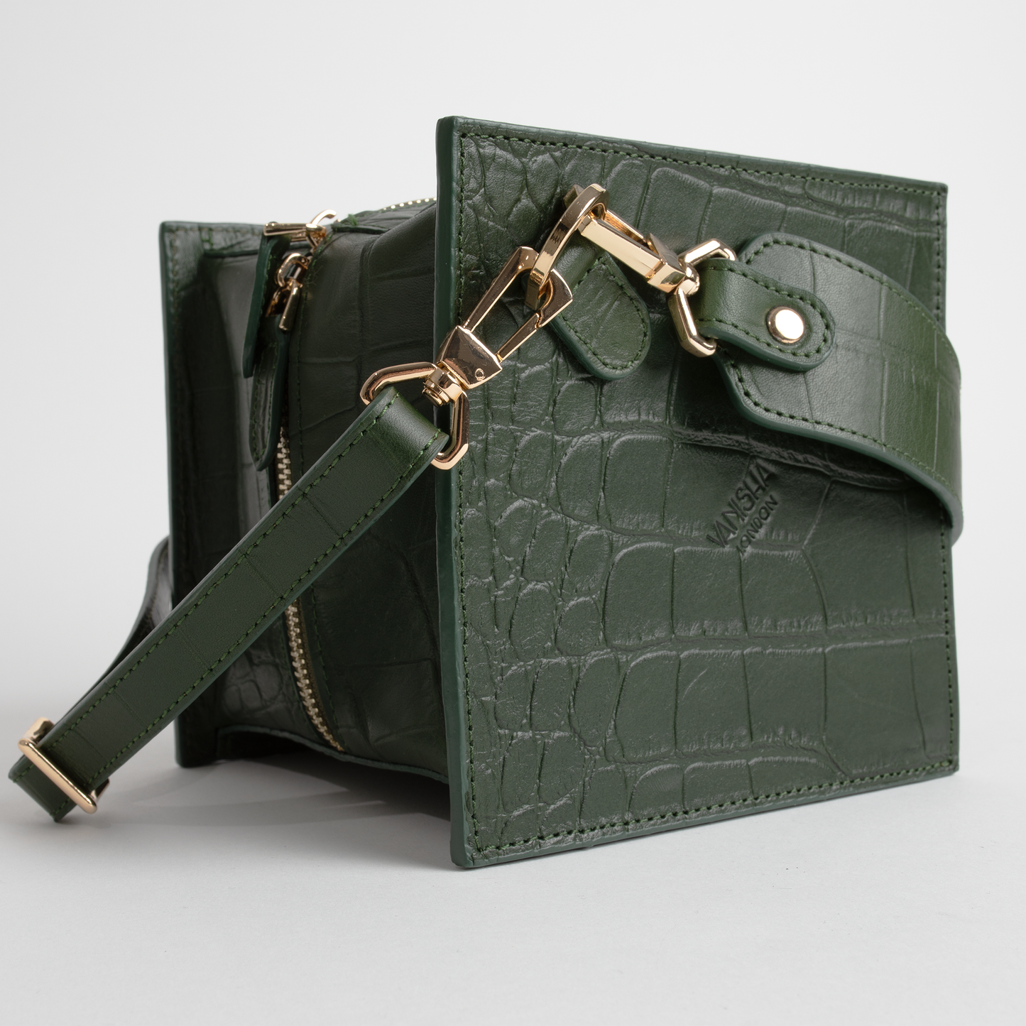 Lola bag in pine green crocodile print Vanisha London