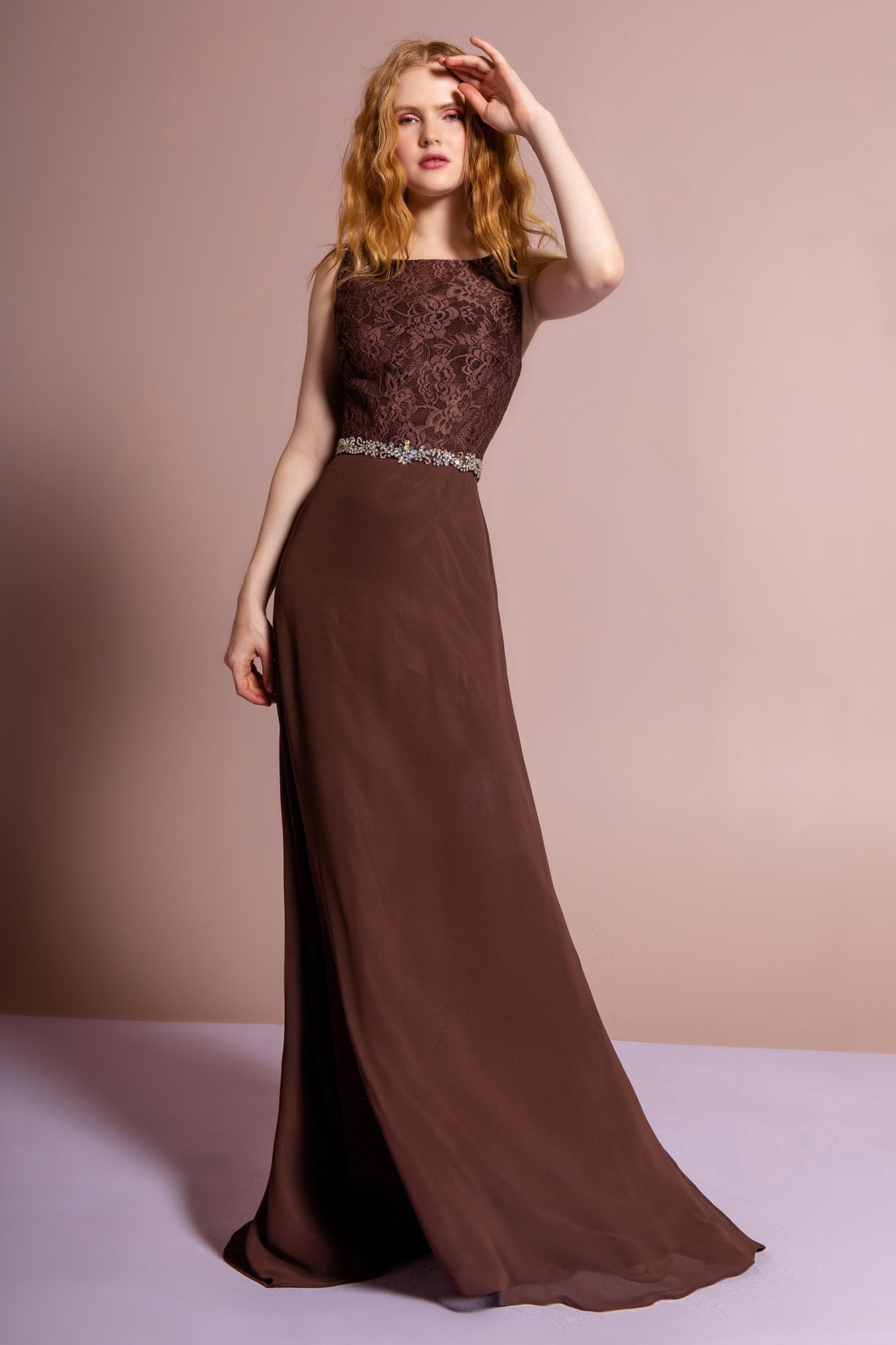Chiffon Floor Length Dress Accented with Jewel Waistband Tux-USA