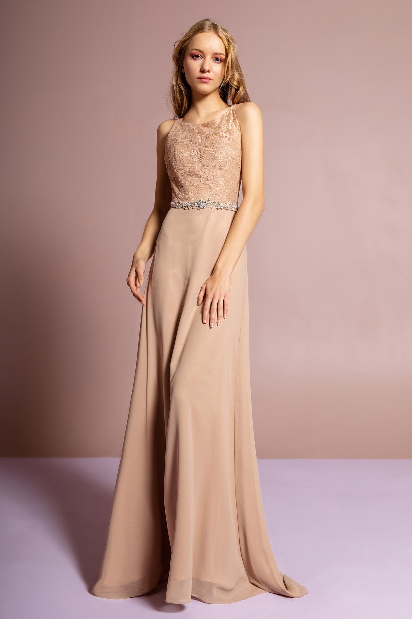 Chiffon Floor Length Dress Accented with Jewel Waistband Tux-USA