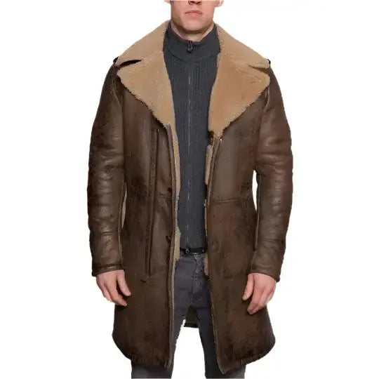 Men’s B3 Aviator Sheepskin Shearling Leather Brown Trench Coat Riders Republic UK