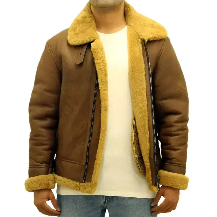 Men’s Brown Aviator B3 Sheepskin Leather Jacket Riders Republic UK