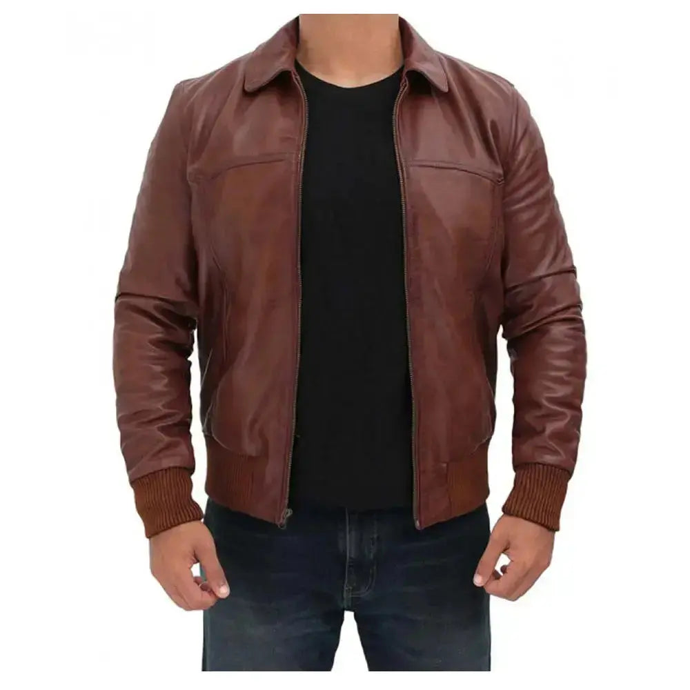 Mens Dark Brown Distressed Leather Bomber Jacket-0