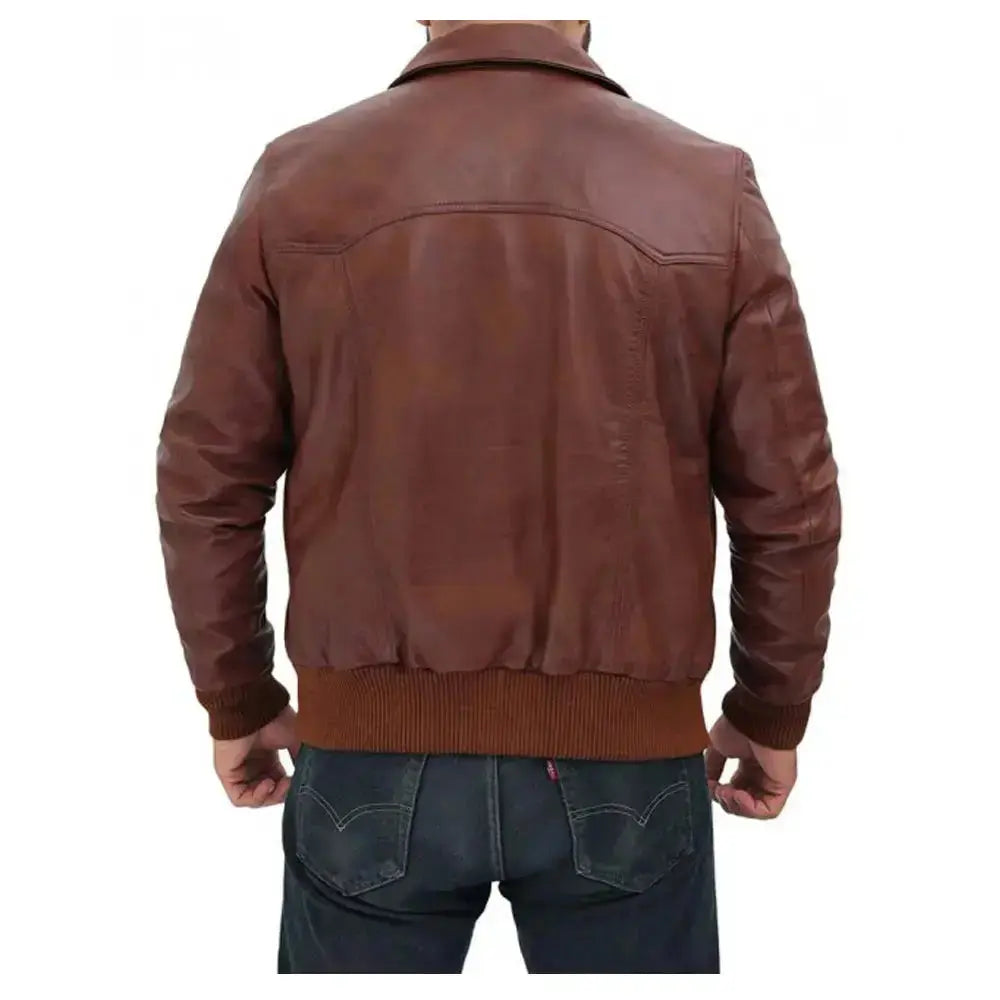 Mens Dark Brown Distressed Leather Bomber Jacket-1
