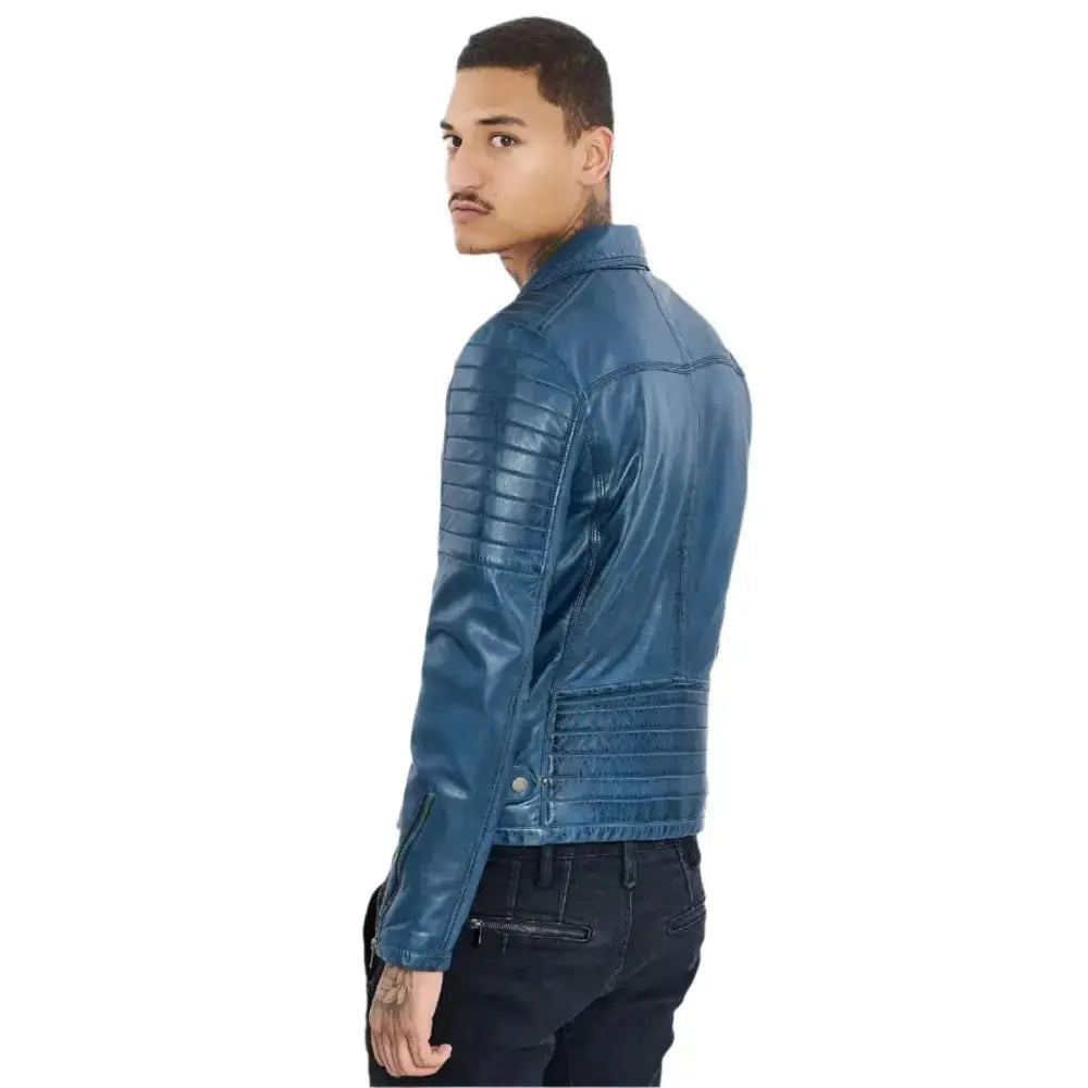 Men's Petrol Blue Genuine Sheepskin Leather Biker Jacket-3