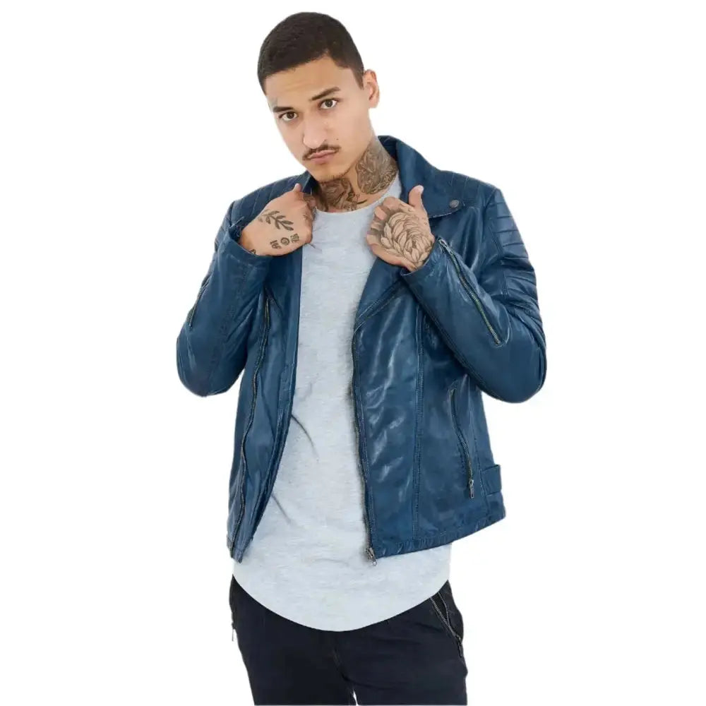 Men's Petrol Blue Genuine Sheepskin Leather Biker Jacket-1