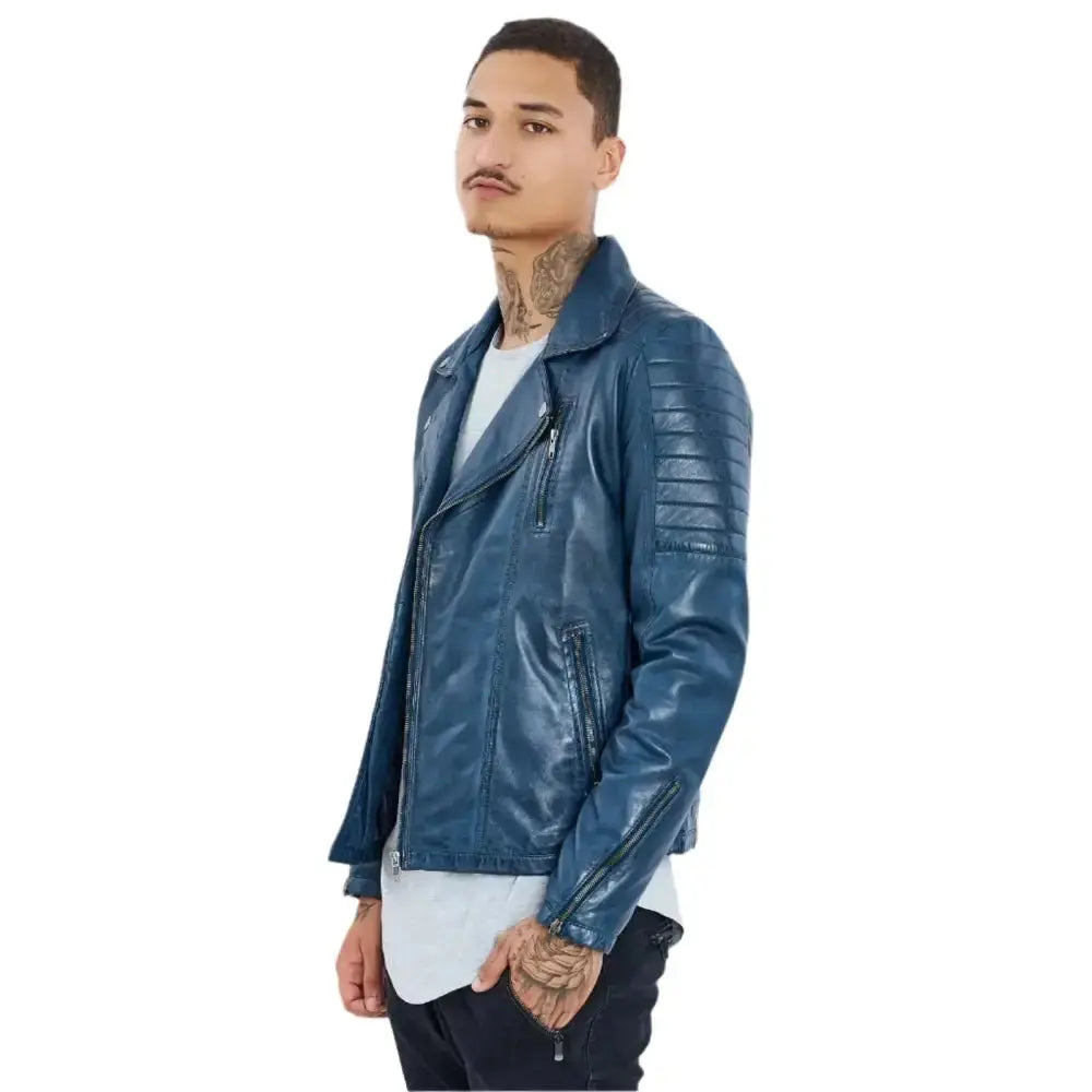 Men's Petrol Blue Genuine Sheepskin Leather Biker Jacket-2
