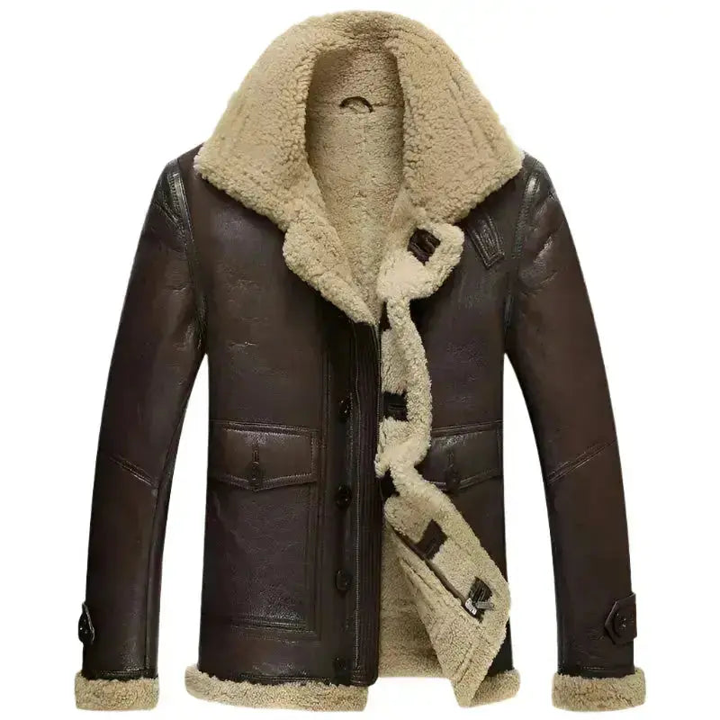 Men’s Short Shearling B-3 Flight Jacket – Lambskin Motorcycle Fur Coat-0