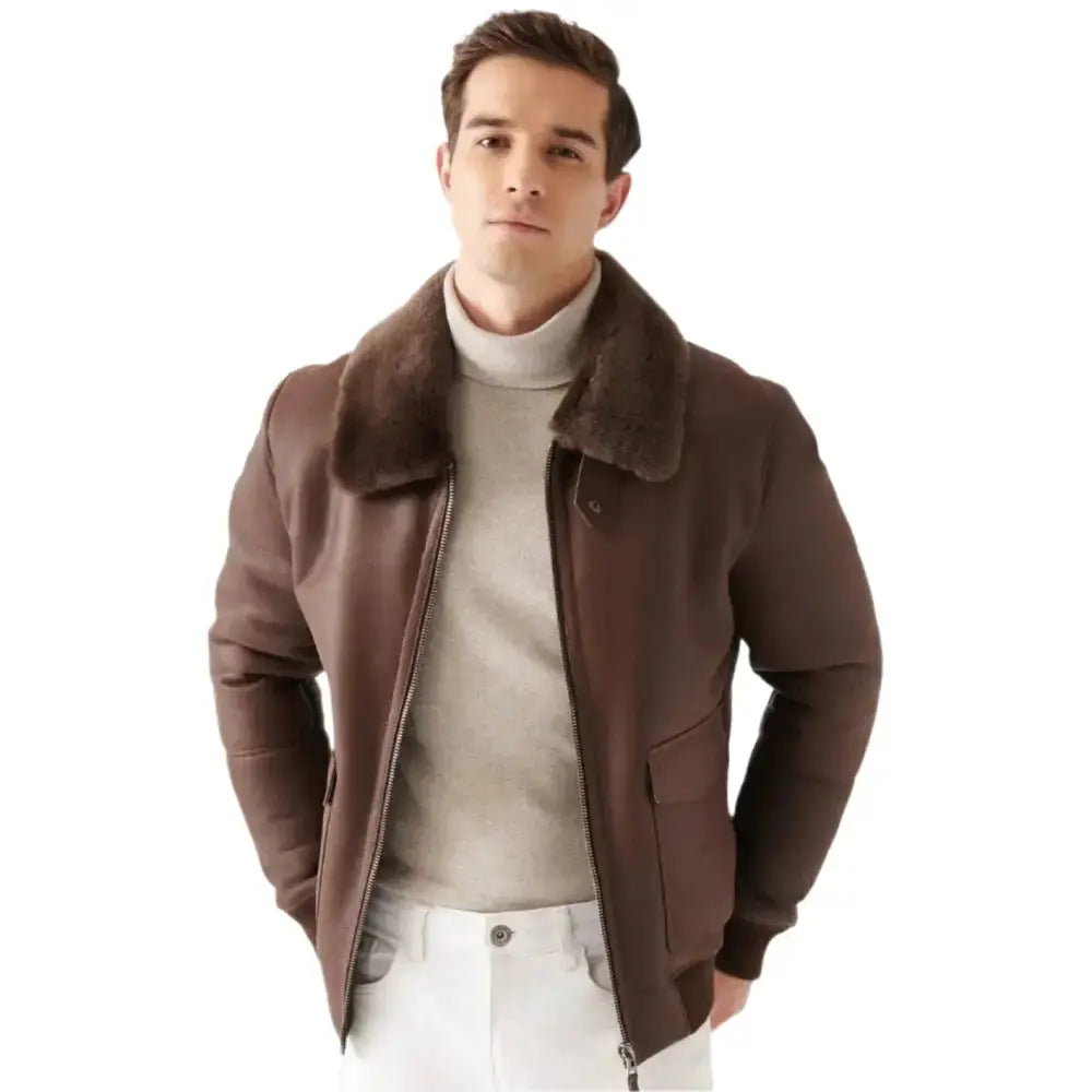 Men’s Stylish Brown Shearling Bomber Jacket – Winter Ready-2