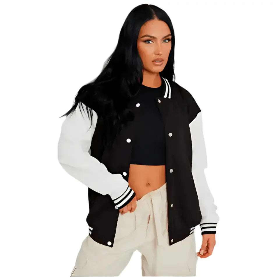 Women’s Black Leather Varsity Bomber Jacket Riders Republic UK