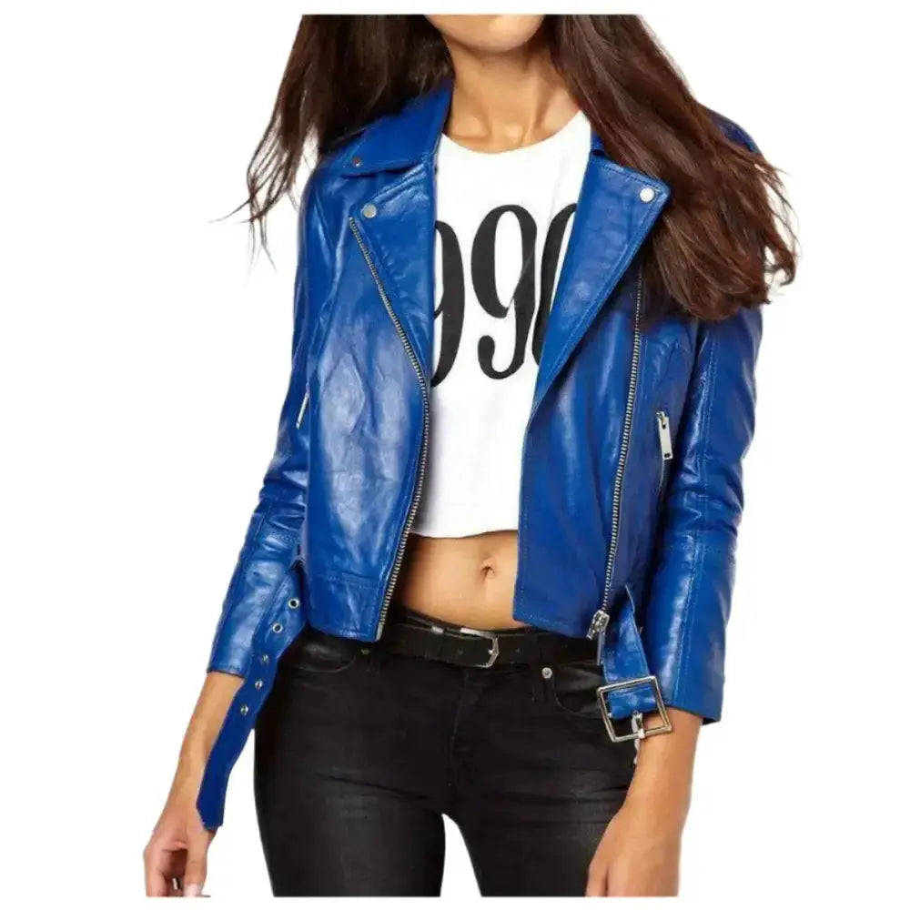 Women's Royal Blue Leather Motorbike Jacket Riders Republic UK