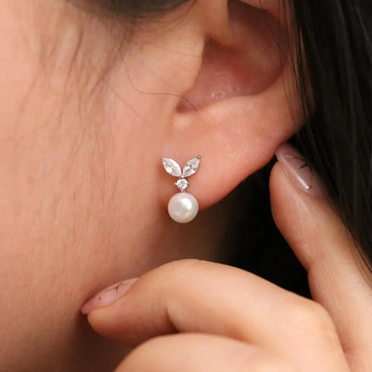 Cubic Leaf Pearl Drop Earrings Nabi London