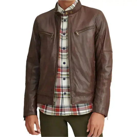 Mens Brown Leather Moto Biker Jacket Riders Republic UK