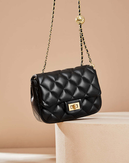 Chic Black Diamond Quilted Chain Leather Bag Nalandu