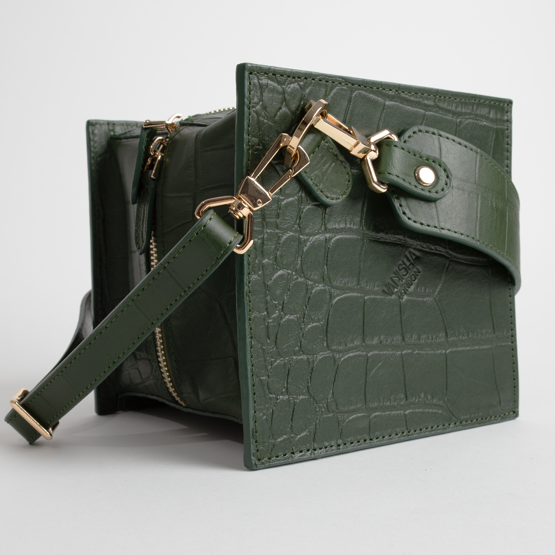 Lola bag in pine green crocodile print Vanisha London
