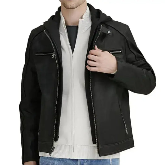 Mens Black Vintage Hooded Leather Jacket Riders Republic UK