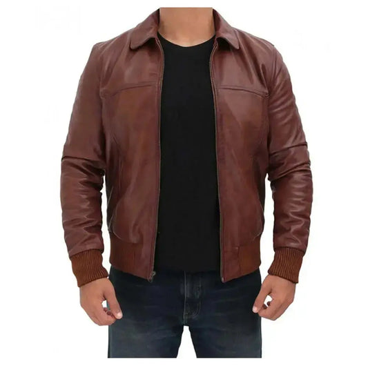 Mens Dark Brown Distressed Leather Bomber Jacket-0