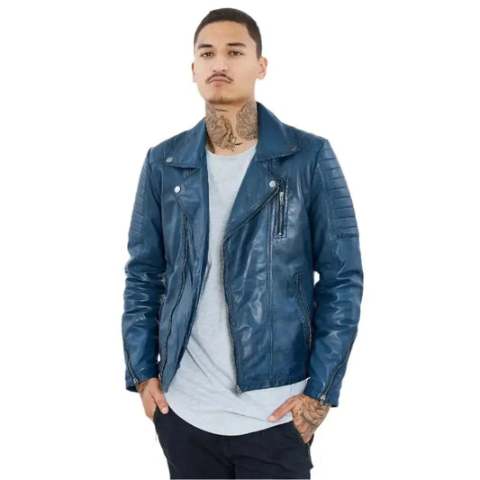 Men's Petrol Blue Genuine Sheepskin Leather Biker Jacket-0