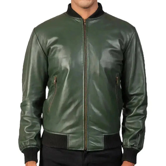 Men's Green Real Leather Motorcycle Bomber Jacket Riders Republic UK