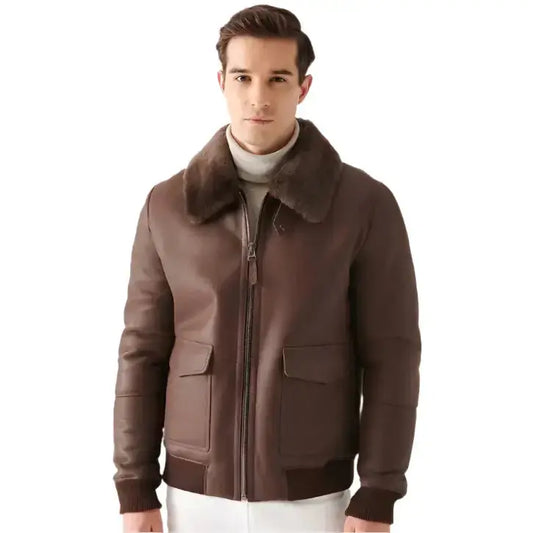 Men’s Stylish Brown Shearling Bomber Jacket – Winter Ready-0