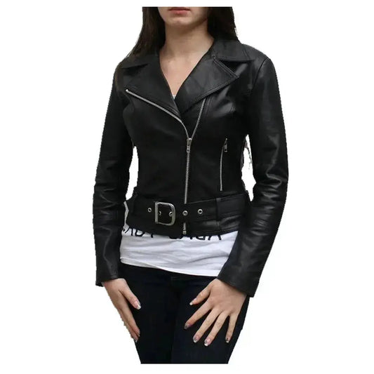 Women's Short Slim Fit Brown Classic Biker Leather Jacket-0