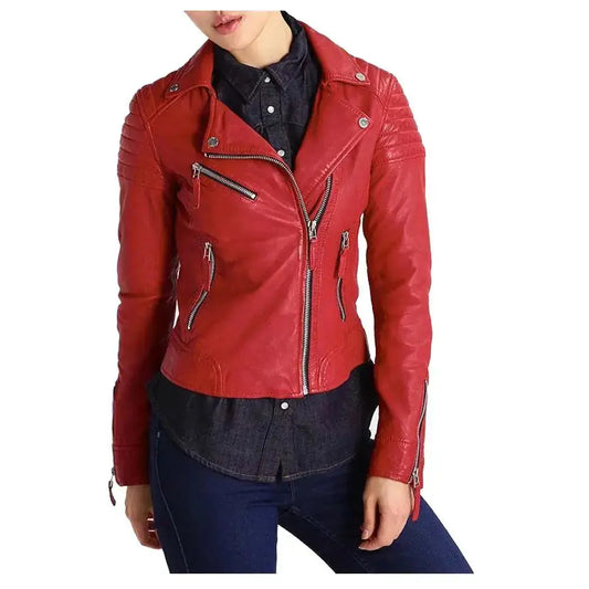 Women’s Slim Fit Motorcycle Genuine Red Leather Jacket Riders Republic UK